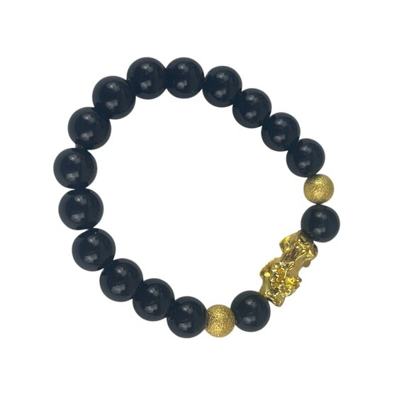 Black & Gold Beaded Feng Shui Bracelet With Pixiu Charm - Picture 2 of 8
